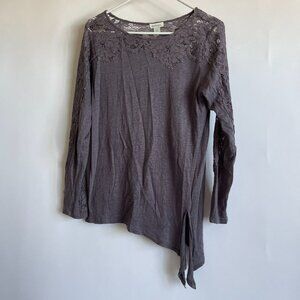 Sundance Womens Lace-Panel Asymmetrical Hem Long Sleeve Tunic Top Medium Gray
